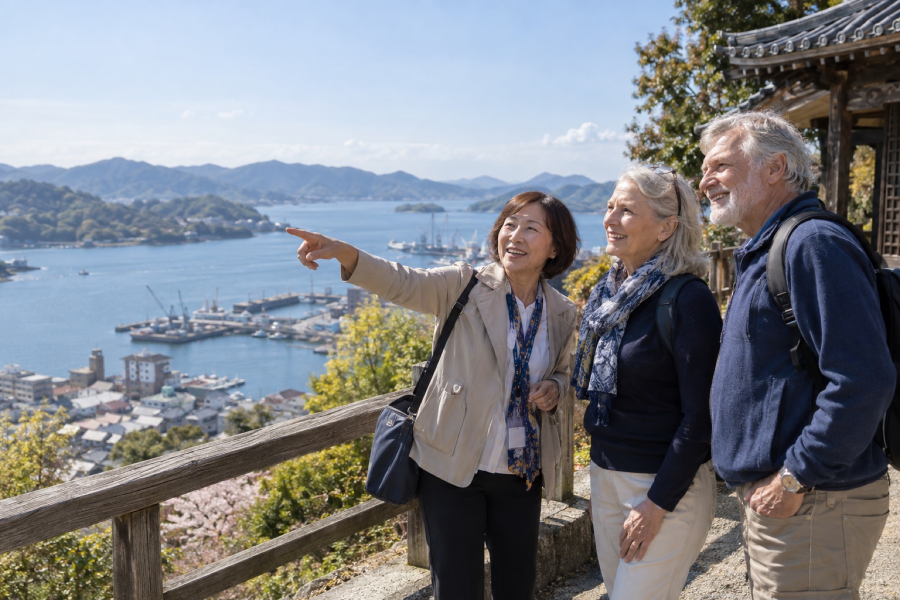 Illustration of cruise travelers exploring a Japanese port with a local guide