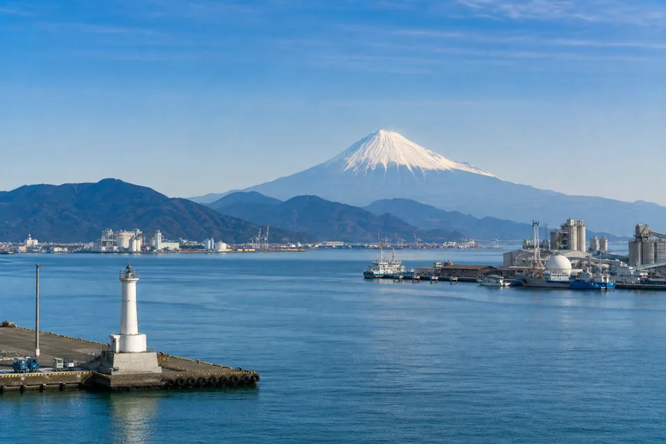 Mount Fuji beyond the waterfront at Shimizu